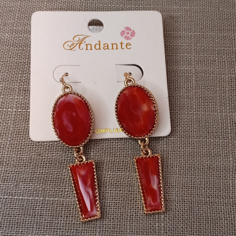 Andante Red  Cream Gold Dangle Pierced Earrings